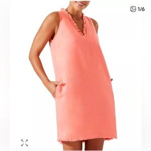 Tommy Bahama two palms ruffle V neck dress size small pink coral linen a line